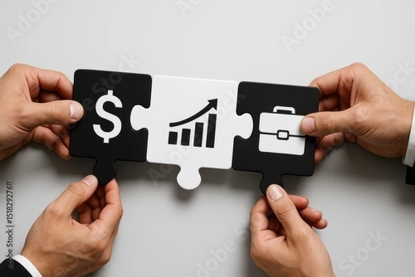 Obraz Four hands holding puzzle pieces with business icons, symbolizing financial growth and collaboration