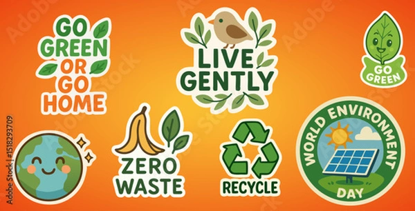 Fototapeta Sustainable Sticker Set - Go Green, Zero Waste, World Environment Day Vector Bundle