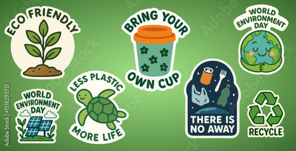 Fototapeta Eco-Conscious Sticker Set - World Environment Day, Less Plastic, Recycle Vector Bundle