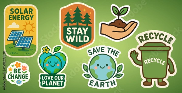 Fototapeta Eco Stickers Pack – Save the Earth, Recycle, Solar Energy, Love Our Planet – On Green Background
