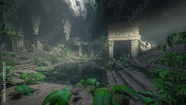 Fototapeta Ruins of an ancient fantasy temple buried in a cave in mountains. 3D render.
