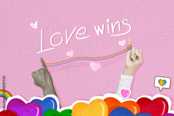 Fototapeta LGBTQ love wins concept with rainbow string connecting diverse hands on pink background