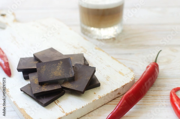 Fototapeta Pieces of extra dark chocolate with three red chili peppers on a white wooden cutting board with a glass of cappuccino on the table. Trend food concept. Selective focus. Horizontal orientation.