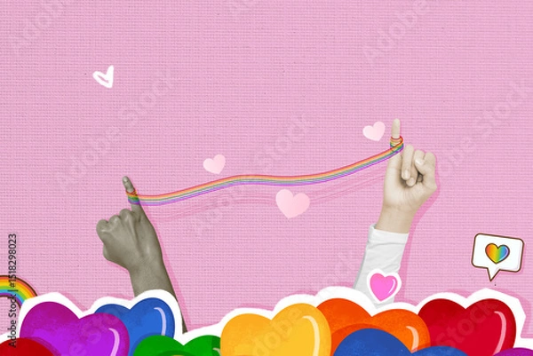 Fototapeta LGBTQ love concept with rainbow string connecting diverse hands on pink background