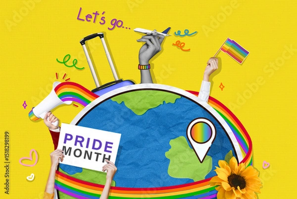 Obraz Pride month travel concept with rainbow ribbon around the globe, diverse hands and LGBTQ support symbols