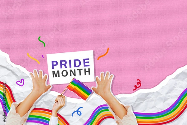 Fototapeta Pride month celebration with raised hands, rainbow flag and colorful background