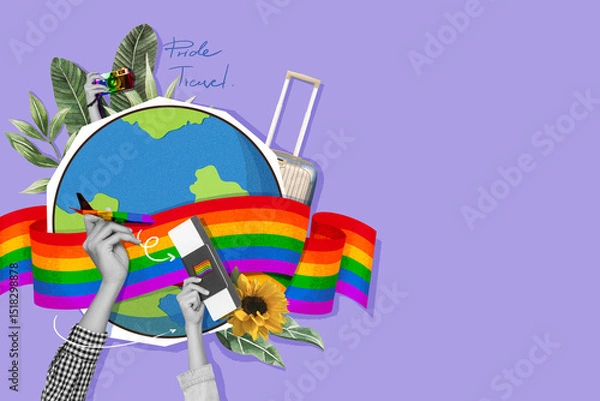Fototapeta Pride month travel concept with rainbow ribbon around the globe, diverse hands,  LGBTQ support symbols and copy space in purple background