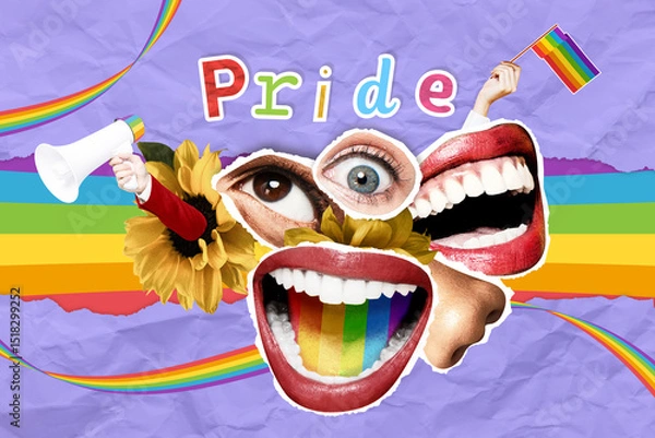 Fototapeta Colorful pride month collage in purple background with rainbow elements, expressive faces and LGBTQ support symbols