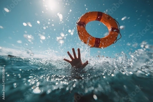 Obraz Drowning person with raised hand reaching for a life buoy in blue water, a person is drowning in the ocean and reaching for a life preserver