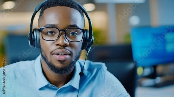 Obraz Expert Help Desk Support Agent - A friendly, professional black man wearing a headset provides excellent customer service and technical support. He symbolizes expertise, assistance, communication