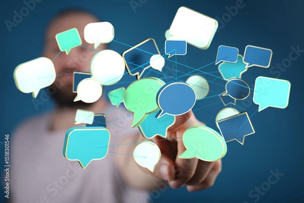 Fototapeta A man interacts with a network of digital speech bubbles, symbolizing global communication and connection.
