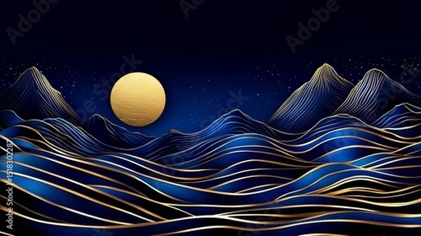 Obraz Golden Lines Blue Mountainscape - Abstract landscape art with blue mountains and golden lines, a large golden moon in a dark blue night sky. Elegant and serene
