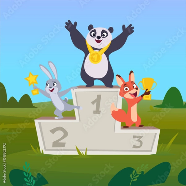 Obraz Animals winners. happy characters with sport awarding cups standing on pedestals