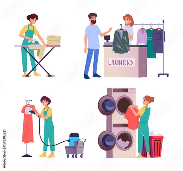 Obraz Laundry. Special dry cleaning services exact vector professional characters working in laundry interior