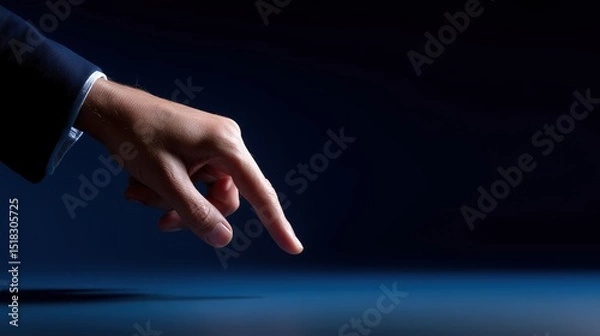 Obraz Businessman’s Hand Pointing on Dark Blue Background – Close-up Minimal Touch Gesture