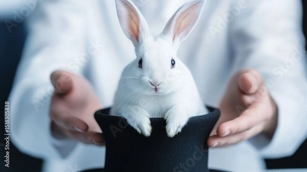 Obraz Magician's White Rabbit in Top Hat - A white rabbit sits in a black top hat held by a magician's hands, classic magic trick