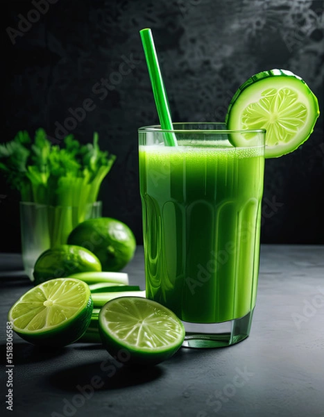 Fototapeta Fresh green detox juice in a glass with cucumber slice and straw, surrounded by lime, celery, and cucumber on a dark background. Healthy drink rich in vitamins and perfect for cleansing