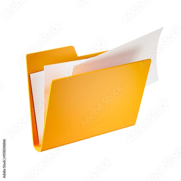 Fototapeta Yellow file folder icon with sheet of paper inside isolated on transparent background. 3D render.