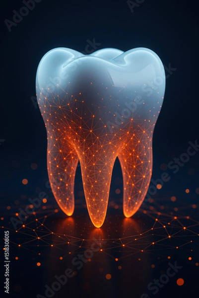 Fototapeta Digital tooth model with glowing orange connections, symbolizing dental health and technology. This represents innovation in dentistry