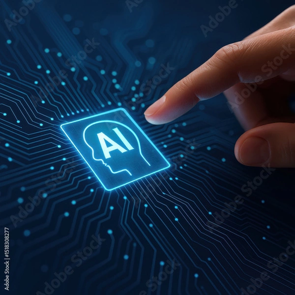 Fototapeta Hand touching glowing AI icon on circuit board background, symbolizing technology and innovation