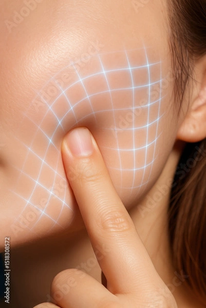 Fototapeta Close up of person cheek being gently pressed with finger, showcasing digital grid overlay that suggests skin texture or cosmetic enhancement
