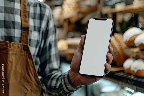 Obraz Ultra Hd Picture of a Male Bakers Hand Showing White Screen Display of Mobile Phone