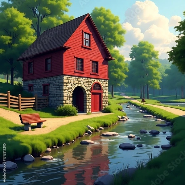 Fototapeta Scenic Red Grist Mill Beside Flowing Rock Spring, Rustic Stone Building with Gabled Roof, Wooden Fence, Manicured Lawn, Dirt Road, Surrounded by Lush Green Trees and Natural Landscape