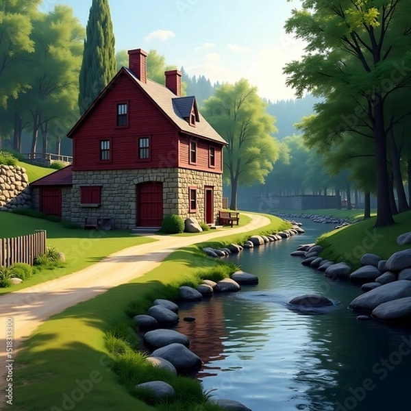 Fototapeta Scenic Red Grist Mill Beside Flowing Rock Spring, Rustic Stone Building with Gabled Roof, Wooden Fence, Manicured Lawn, Dirt Road, Surrounded by Lush Green Trees and Natural Landscape