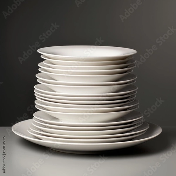Obraz An isolated, ultra-detailed photograph of simple Stack of white plates on a white background, realistic photography