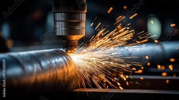 Obraz Precision laser cutting technology ignites sparks while shaping metal pipe in industrial manufacturing process, showcasing engineering innovation