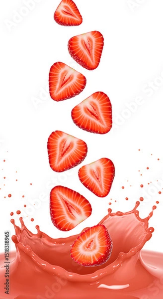 Fototapeta strawberry slices falling down with orange juice PNG. Fresh and organic strawberry juice with strawberry fruit slices flying isolated. Vegan vegetarian strawberries flying png. strawberry isolated
