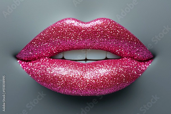 Fototapeta Glittering Pink Lips with White Teeth on Gray Background, Beauty and Glamour