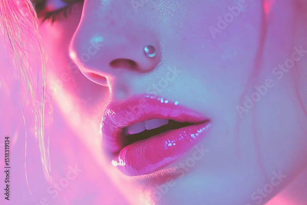 Fototapeta Close-up of a woman's face with glossy pink lips and nose piercing in neon light.