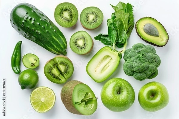 Obraz Detailed Color Image of Top View Green Fruits and Vegetables Isolated on White Background