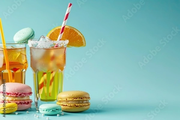 Obraz A Front View Colored Cocktails Cooling with Straws Along with French Macarons on Blue