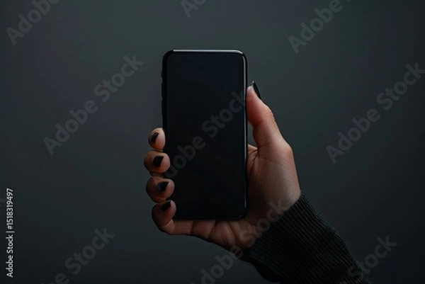 Obraz Hand of a Girl Holds a Mobile Phone with a Black Screen Empty Space for Promotional Message