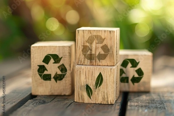 Obraz Vibrant Picture of Reduce, Reuse, Recycle Symbols on Wood Blocks