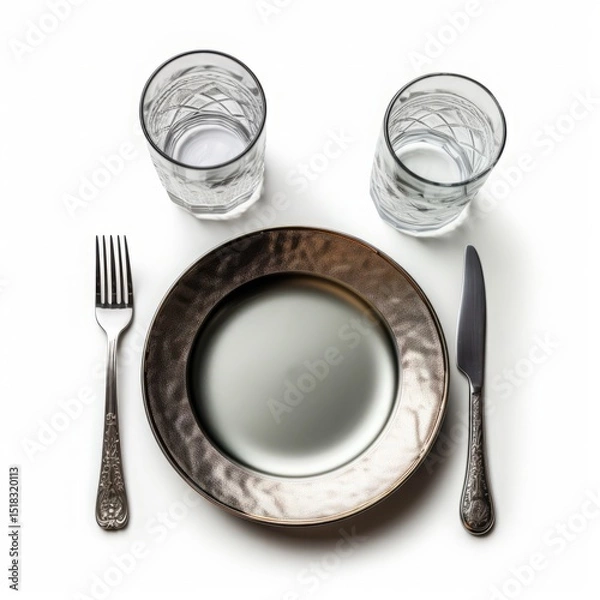 Obraz An isolated, ultra-detailed photograph of gray kinds of plates with fork and knife an empty glass on a white background
