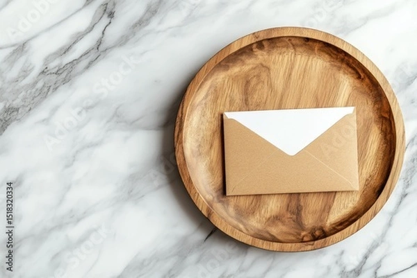 Obraz Marble Background with a Wooden Plate with a Brown Envelope and a White Blank