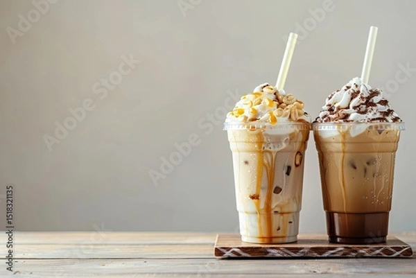 Obraz High Definition Picture of Icy Sugarcane Frappe and Iced Coffee in Takeaway Plastic Cups