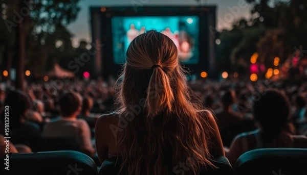 Fototapeta Woman immersed in a captivating film at a lively movie event, surrounded by an enthusiastic crowd.