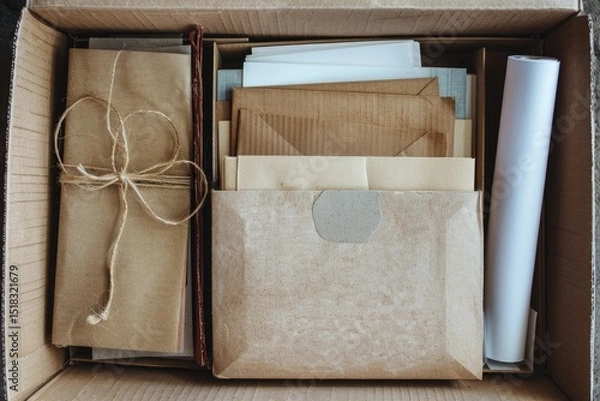 Obraz Detailed Color Image of Set of Stationary in Cardboard Box