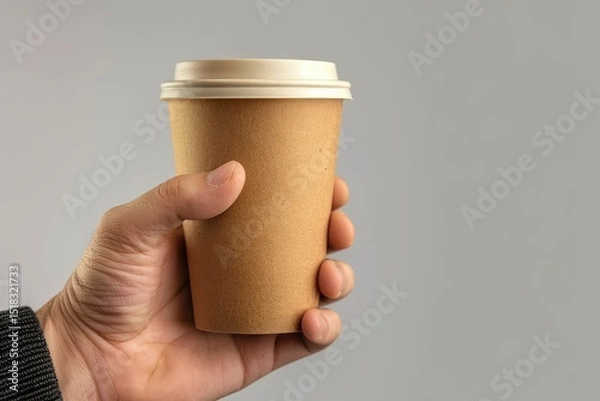 Obraz Vibrant Color Image of Close Up of Male Hand Holding Coffee Cup Mockup
