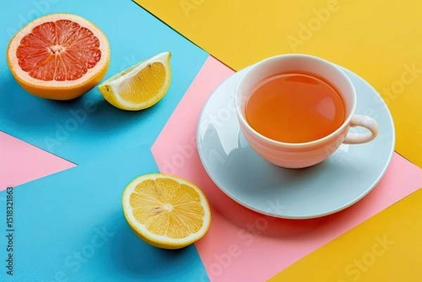 Obraz Detailed Color Picture of Cup of Tea with Lemon and Grapefruit on Pink Yellow and Blue Background