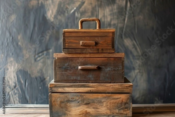 Obraz A Set of Three Wooden Boxes with a Wooden Handle and a Wooden Box on the Top