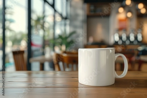 Obraz High Quality Picture of Mockup White Mug Coffee on the Table with Coffee Shop Background