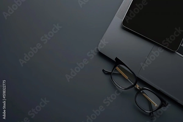 Obraz Ultra Hd Picture of Top View of Laptop and Glasses with Copy Space