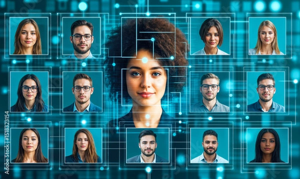 Fototapeta Facial recognition technology connecting diverse group of young adults in digital network for identification and human resource management