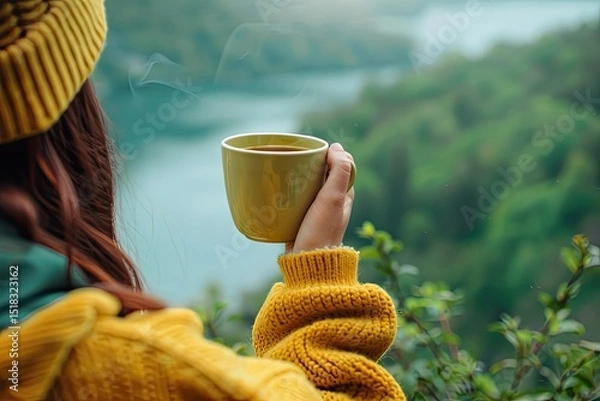 Obraz High Definition Image of Young Woman Holding a Cup of Hot Coffee and Showing Thumb Up