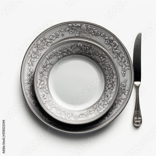 Obraz An isolated, ultra-detailed photograph of gray Place setting on a white background, realistic photography